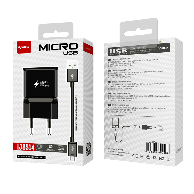 Prise secteur + câble micro USB - Noir Prise secteur + câble micro USB - Noir