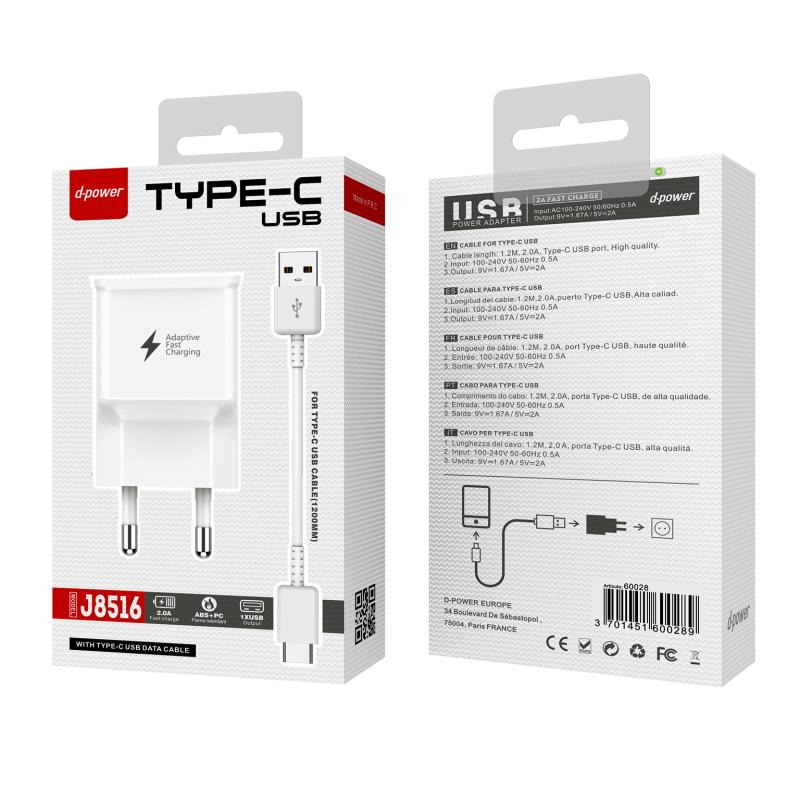 Prise secteur + câble TypeC - Blanc